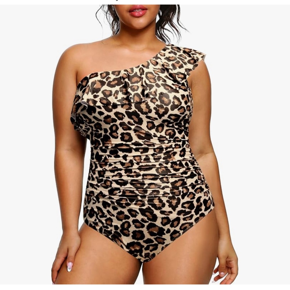 Aqua Eve Plus Size Bathing Suits One Piece, One Shoulder Ruffle Tummy Control - Picture 5 of 8